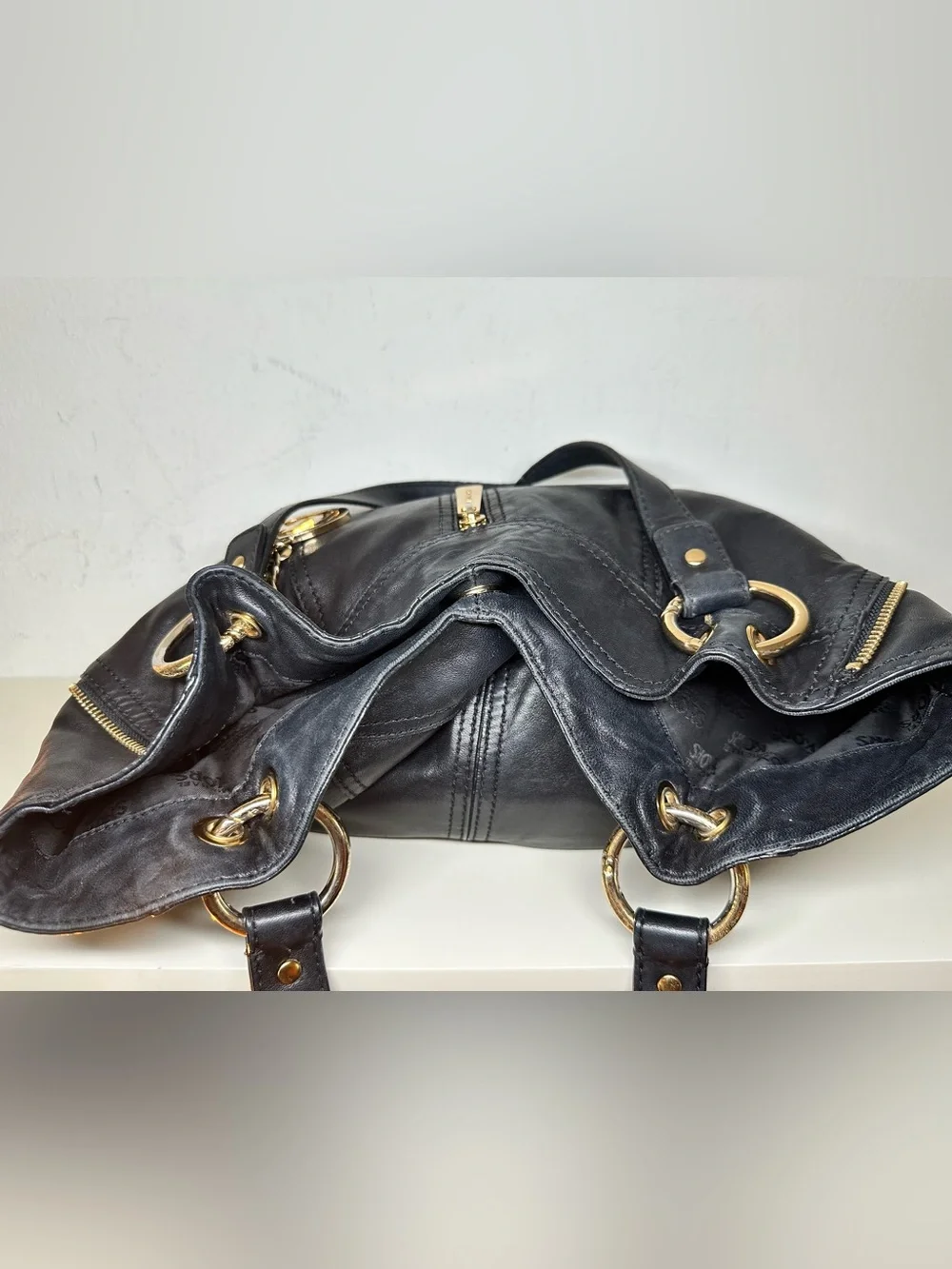 Michael Kors Black Leather Shoulder Bag with Gold-Tone MK Charm